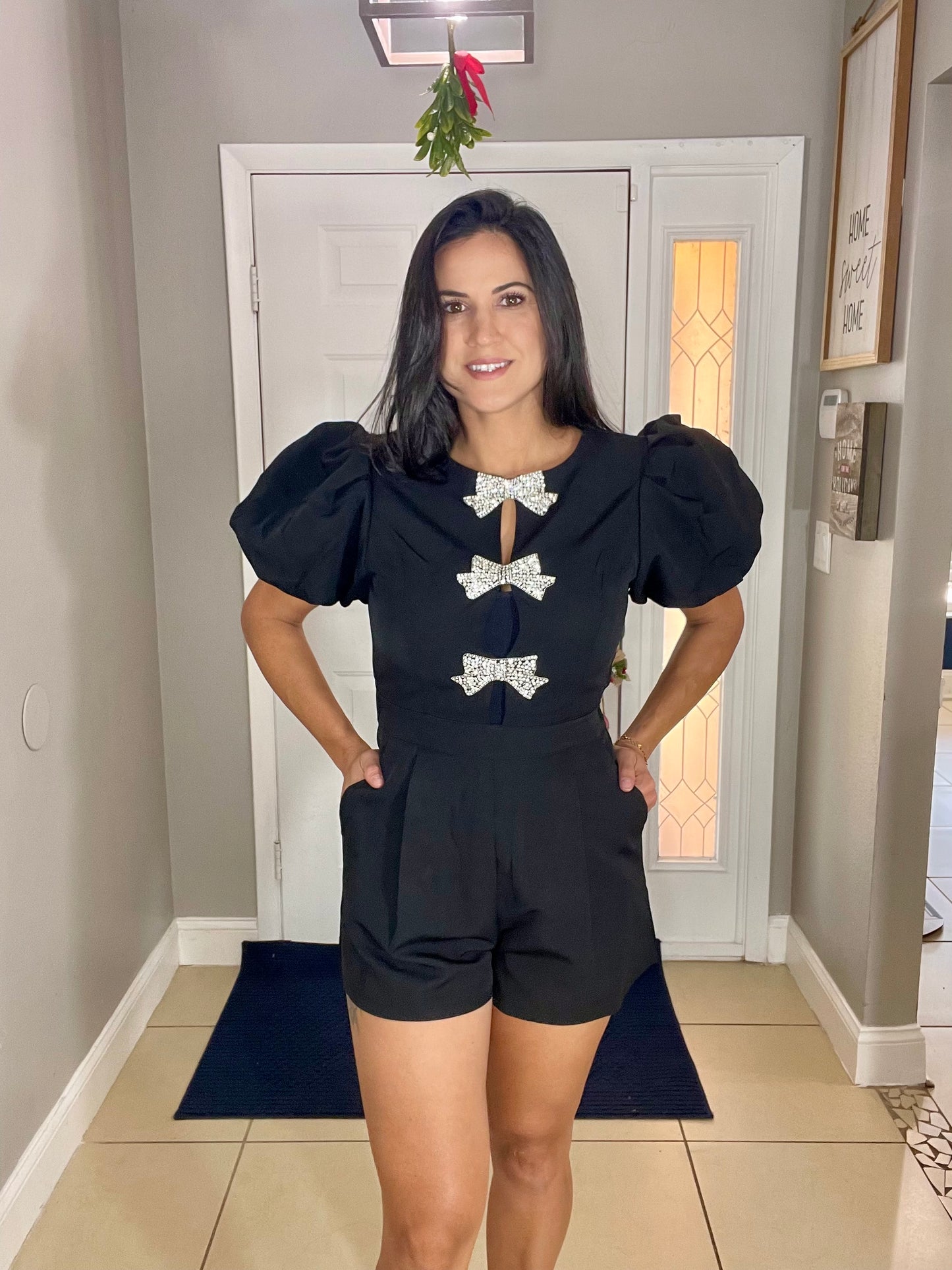 Glam Puff Sleeve Romper with Rhinestone Bow- OS