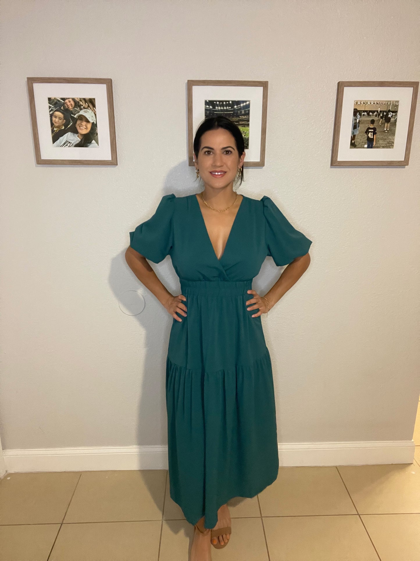 Tiered Surplice Half Sleeve Midi Dress - WH