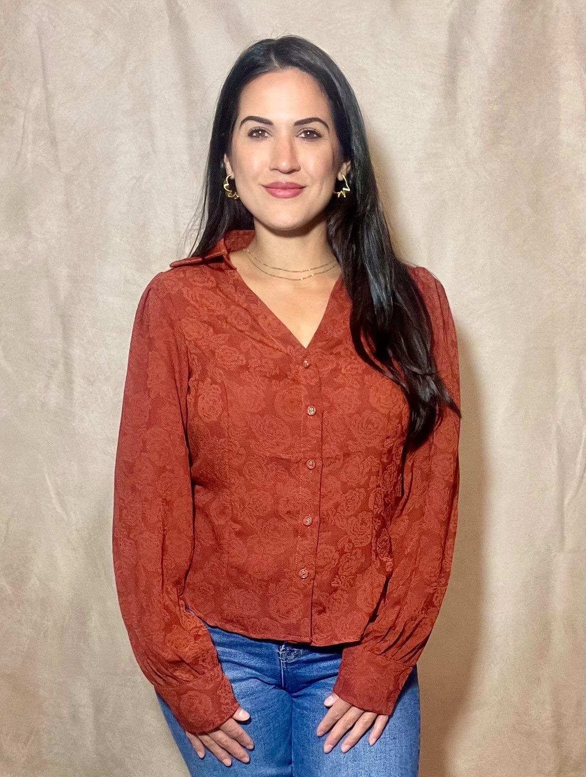 Rust Long Sleeve Blouse- OS