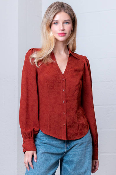 Rust Long Sleeve Button Down Collared Blouse