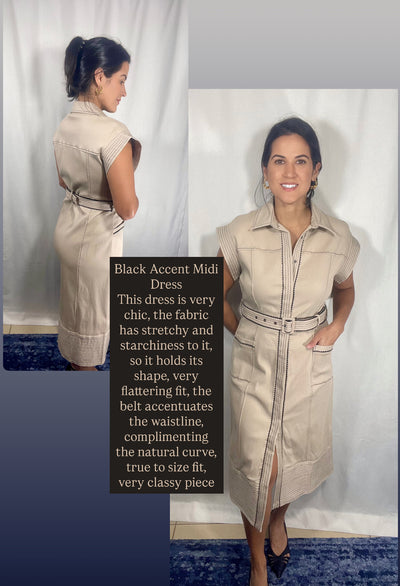 Collared Black Accent Midi Dress with Belt - OS