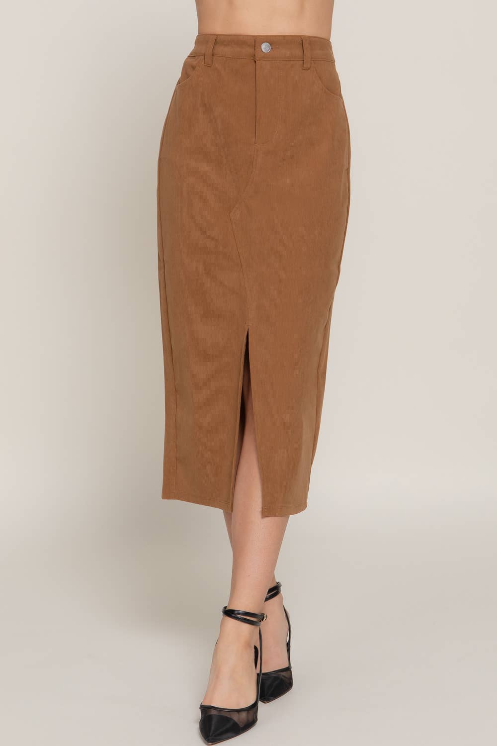Waist Band Front Open Slit Corduroy Midi Skirt -OS