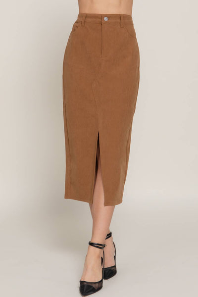 Waist Band Front Open Slit Corduroy Midi Skirt