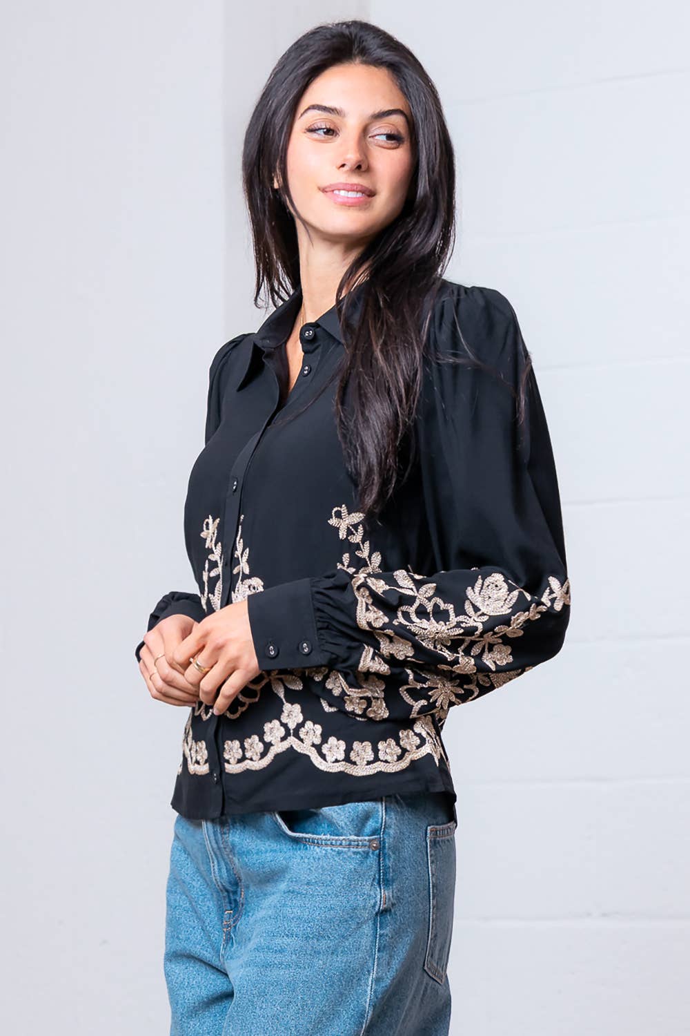 Long Sleeve Flower Embroided Button Shirt