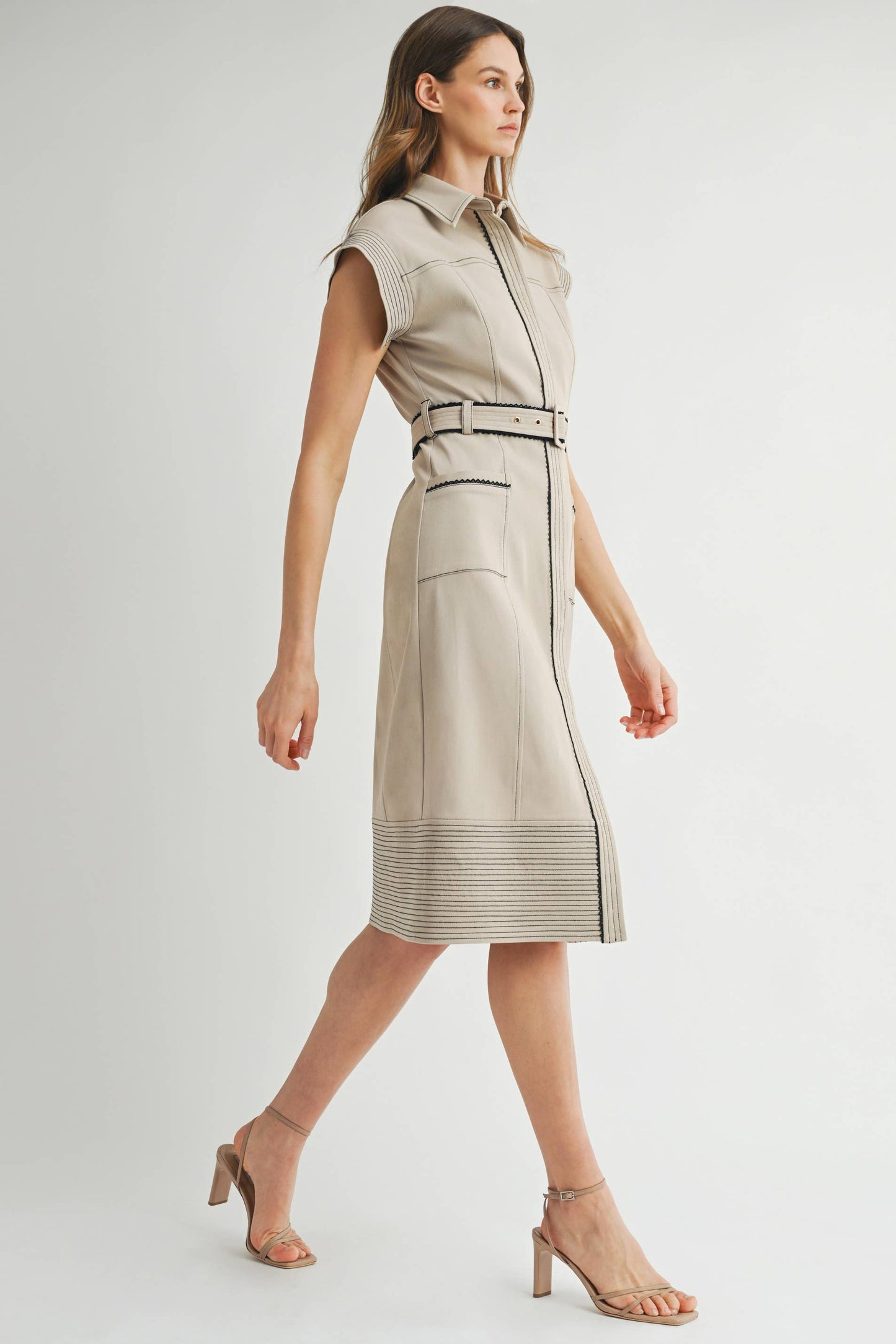 Collared Black Accent Midi Dress with Belt