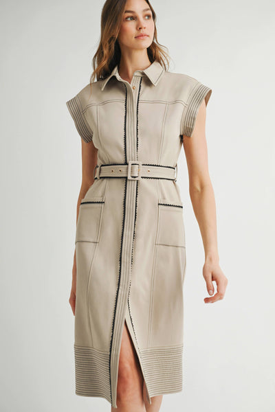 Collared Black Accent Midi Dress with Belt