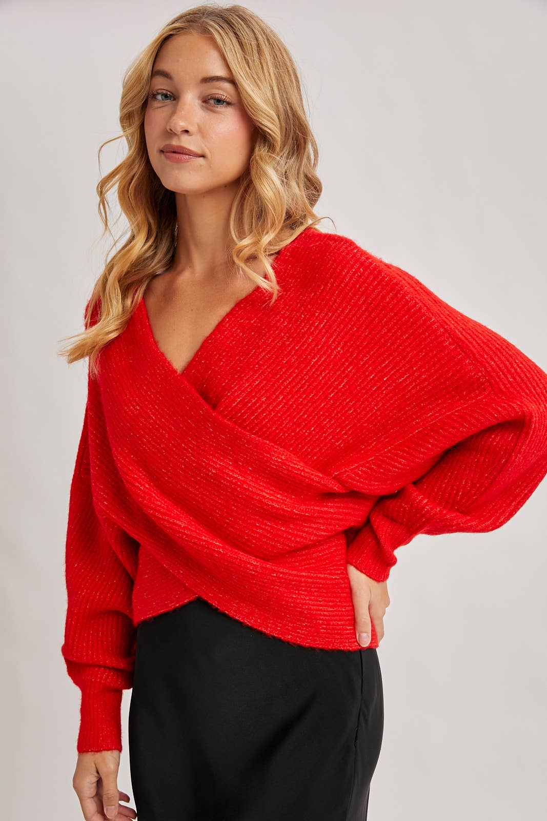 WRAP CROSSOVER RIBBED FUZZY KNIT SWEATER PULLOVER- OS