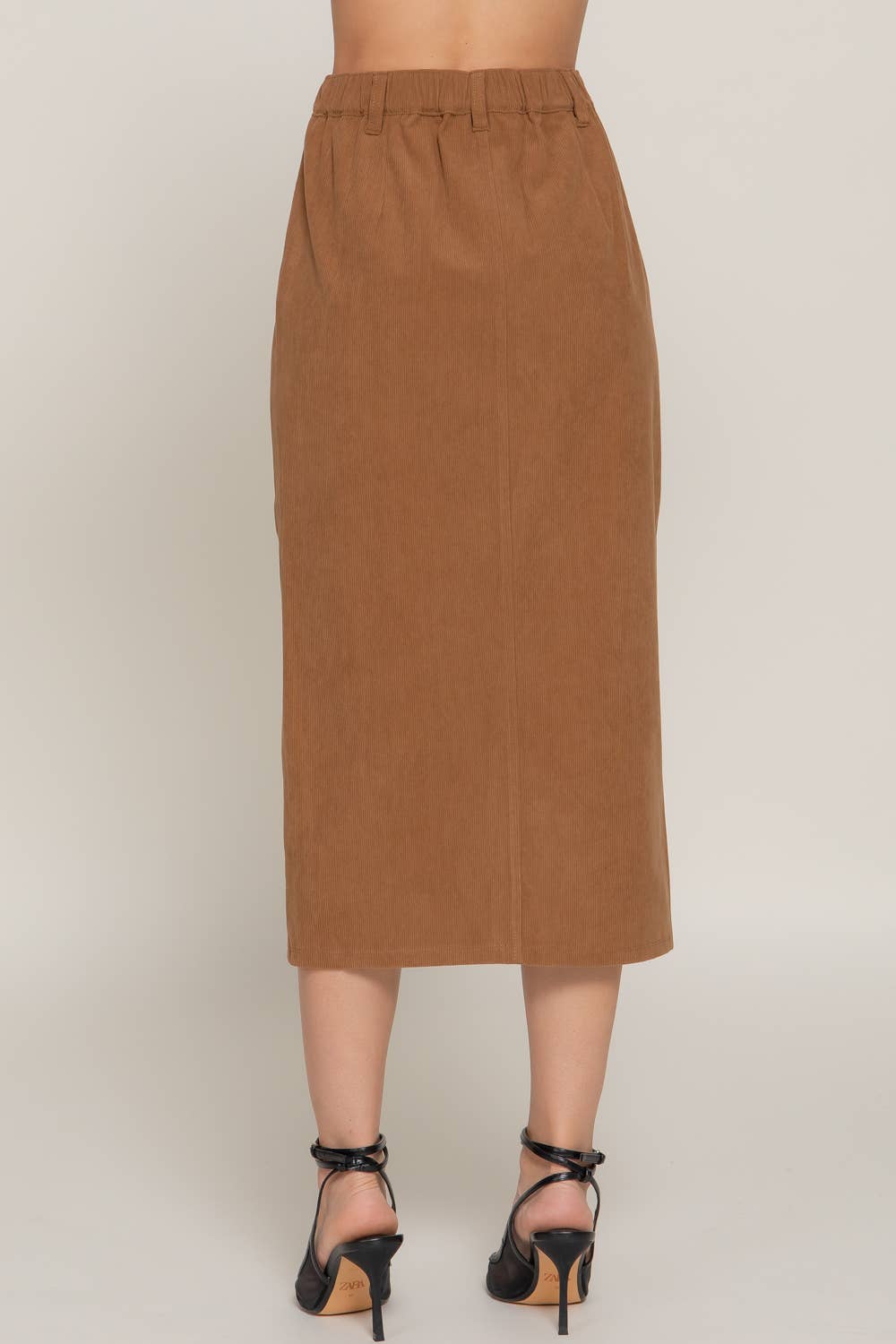 Waist Band Front Open Slit Corduroy Midi Skirt -OS