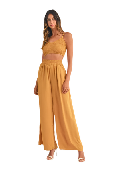 MABLE Smocked Bralette Crop Top and Wide Leg Pants Set