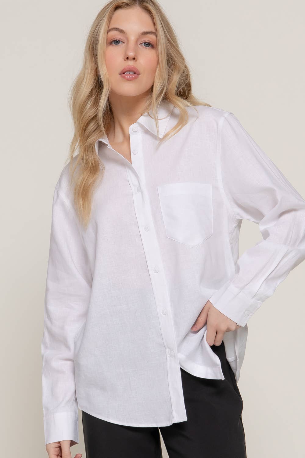 Long Sleeve Linen Blend Shirt- OS