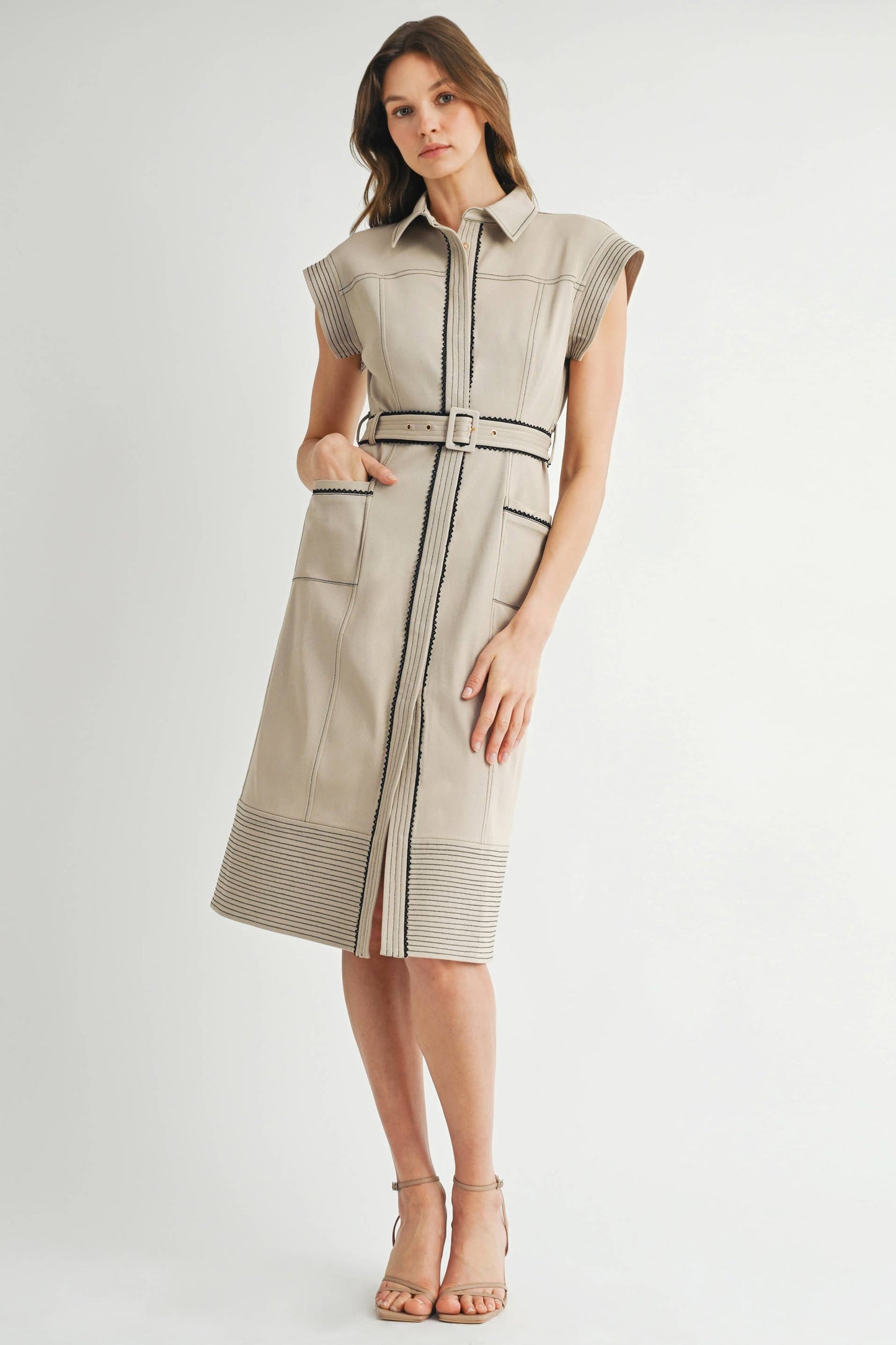 Collared Black Accent Midi Dress with Belt