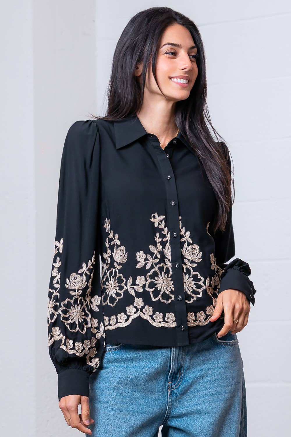 Long Sleeve Flower Embroided Button Shirt