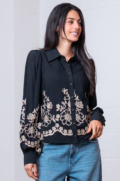 Long Sleeve Flower Embroided Button Shirt