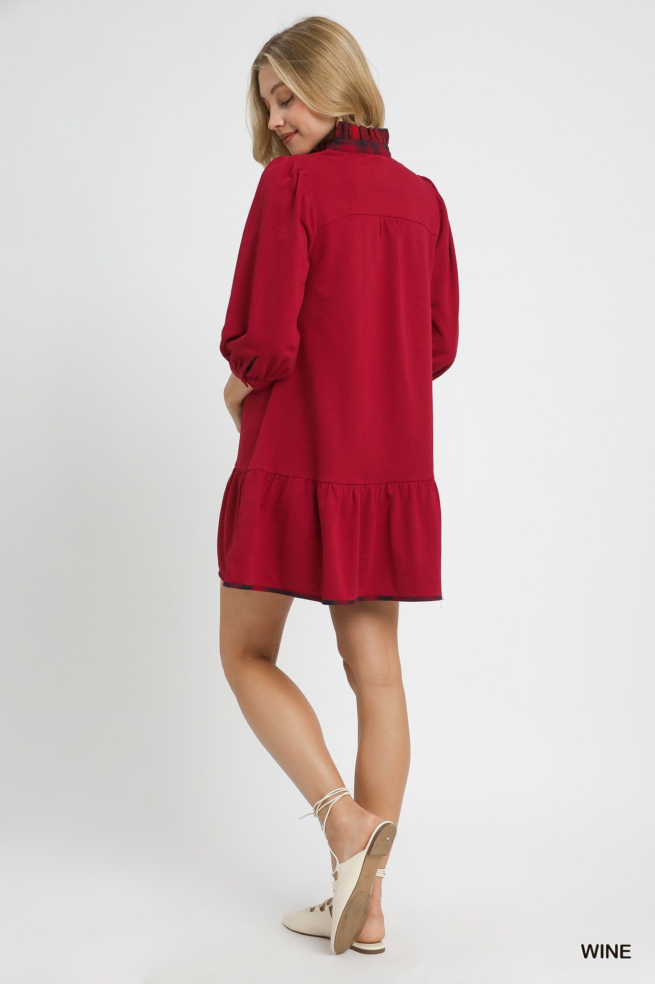 French Terry Ruffle Hem Dress with Plaid Trim