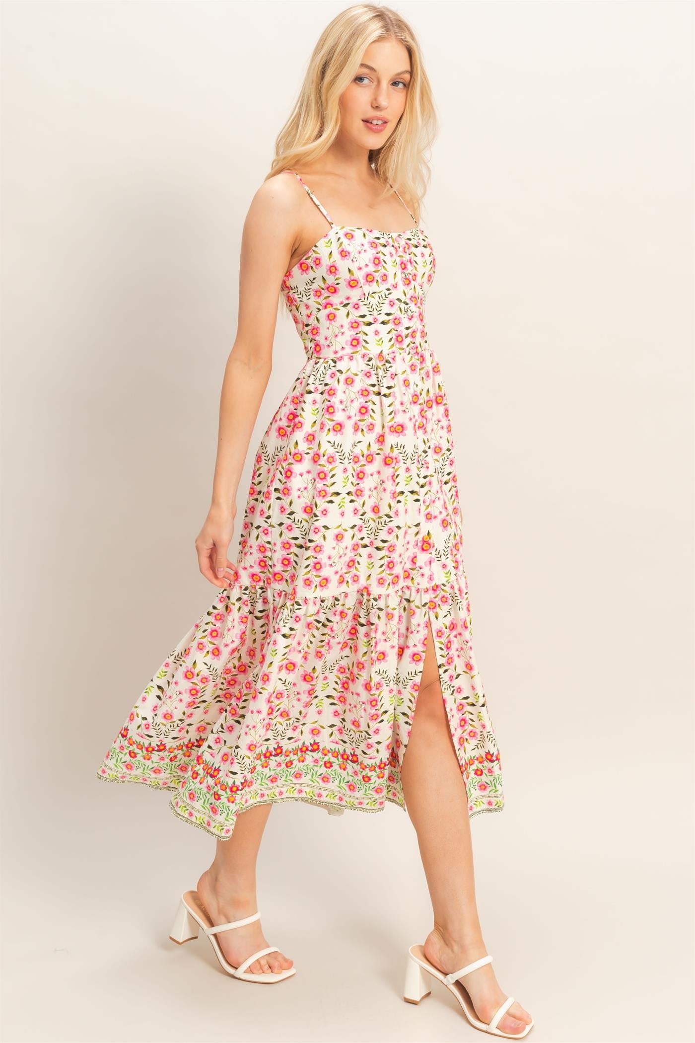 Pink Floral Spaghetti Strap Dress