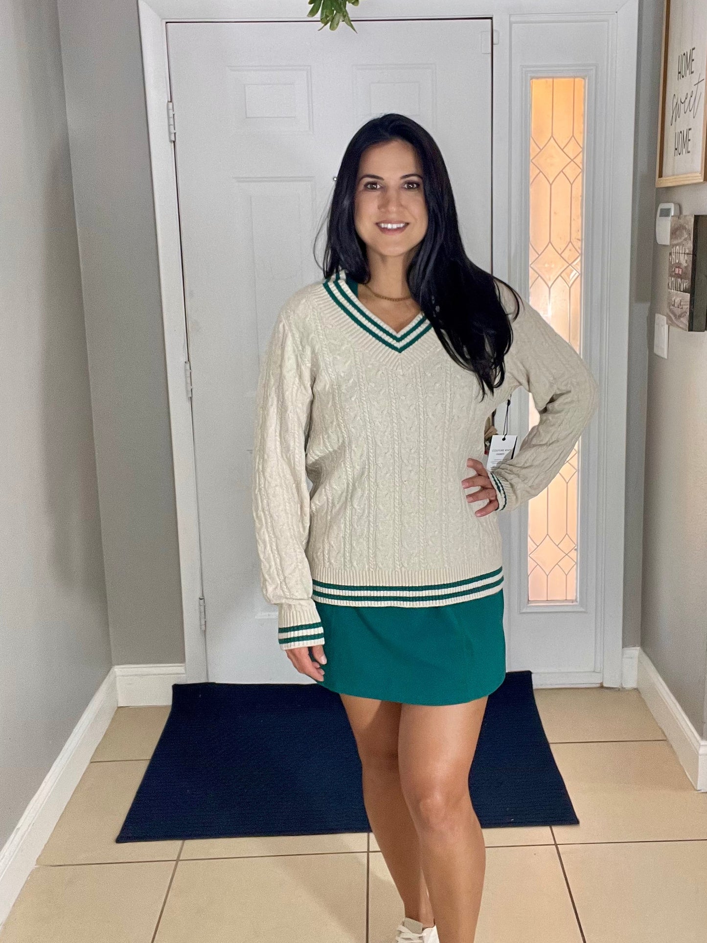 Cable Knit Sweater: Oat/Emerald