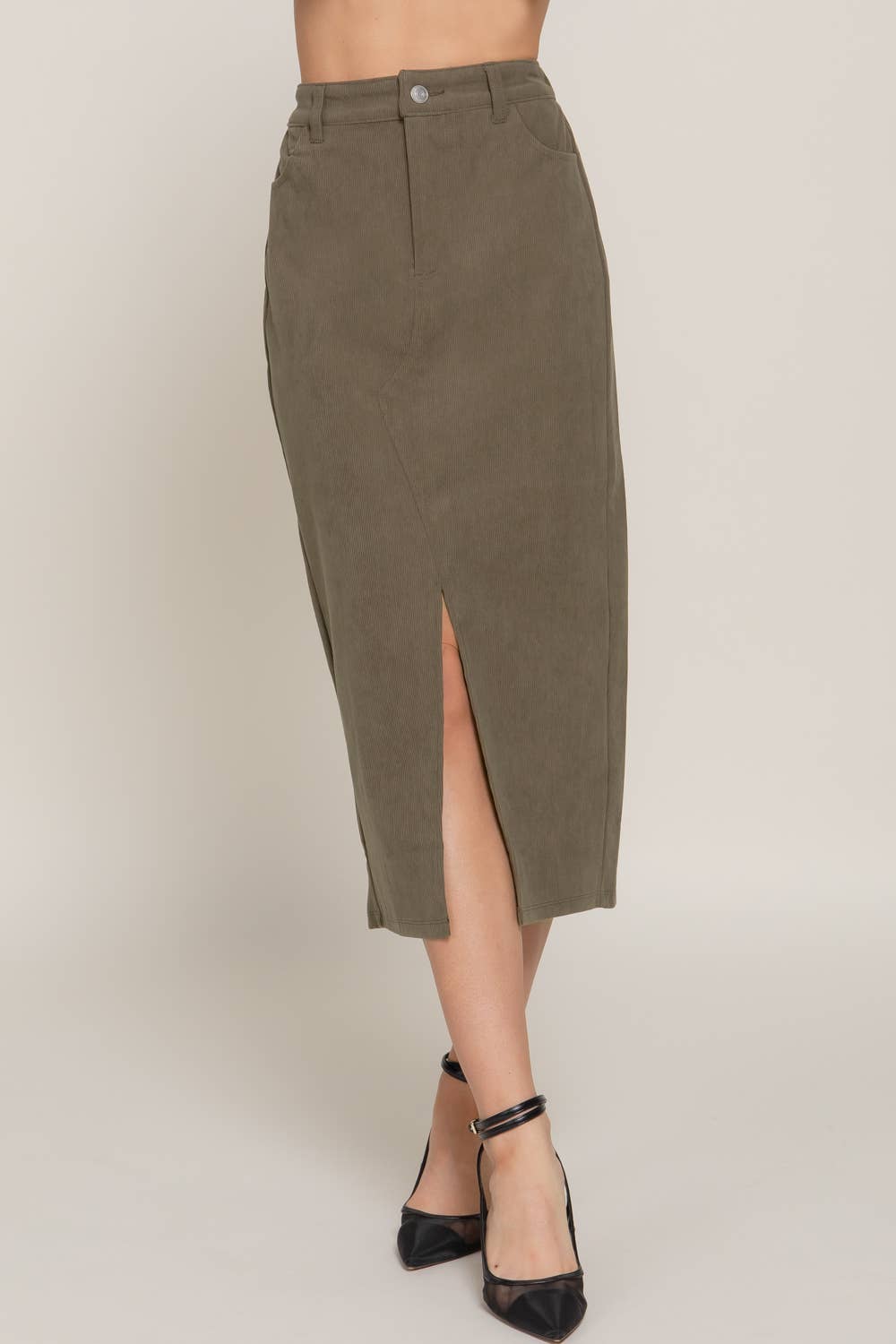 Waist Band Front Open Slit Corduroy Midi Skirt -OS