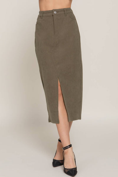 Waist Band Front Open Slit Corduroy Midi Skirt