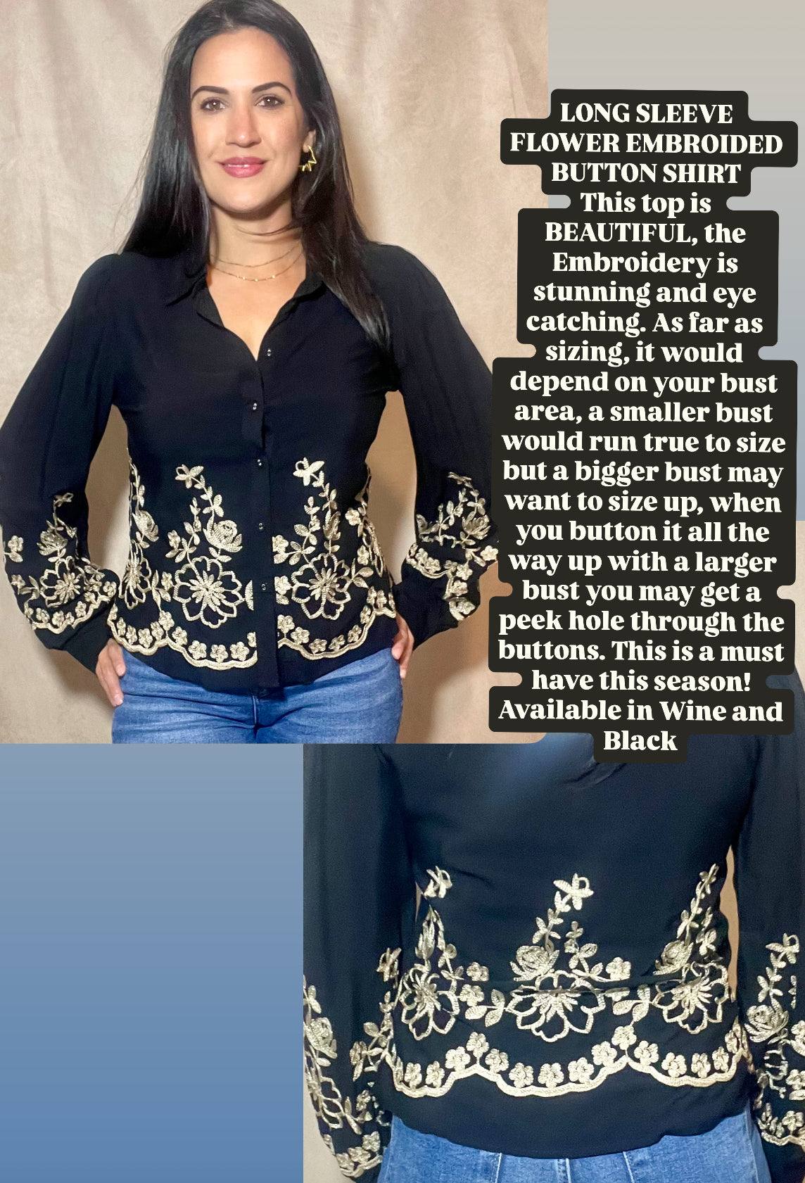 Long Sleeve Flower Embroided Button Shirt - OS