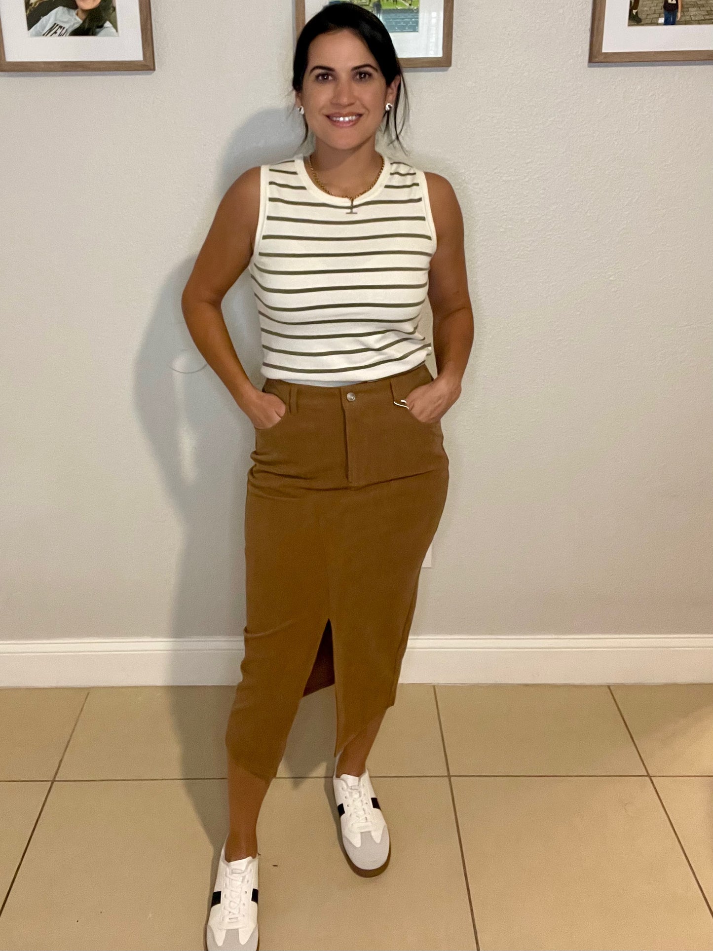 Waist Band Front Open Slit Corduroy Midi Skirt -OS