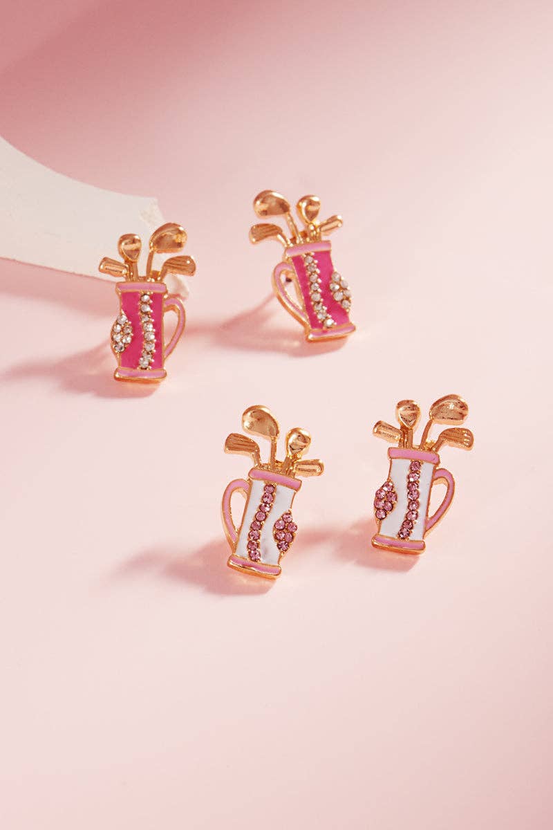 Sports Golf Bag Enamel With Stones Post Earrings- OS