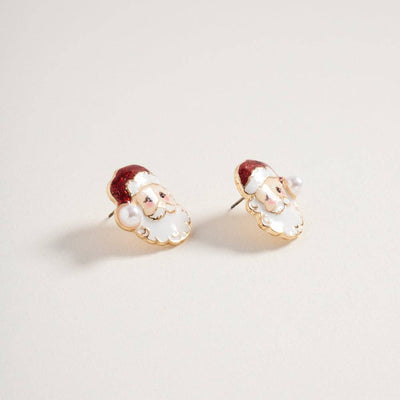 Glitter Christmas Santa Face Pearl Post Earrings- OS