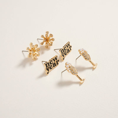 NYE Firework Champagne Rhinestone 3PC Earring Set- OS