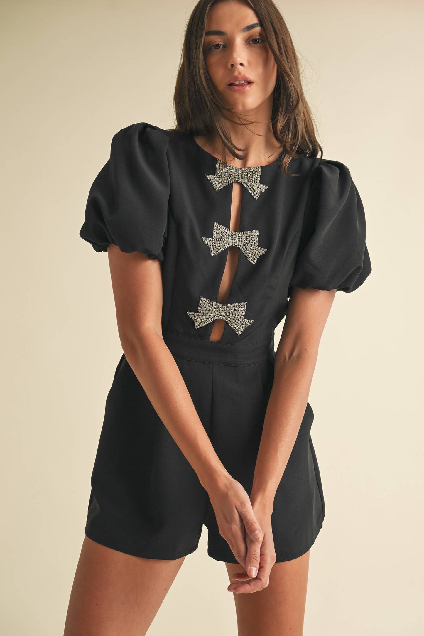 Glam Puff Sleeve Romper with Rhinestone Bow- OS