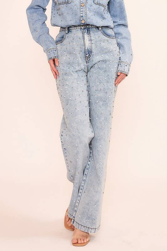 RHINESTONE AND PEARL EMBELLISHED JEAN PANT- OS