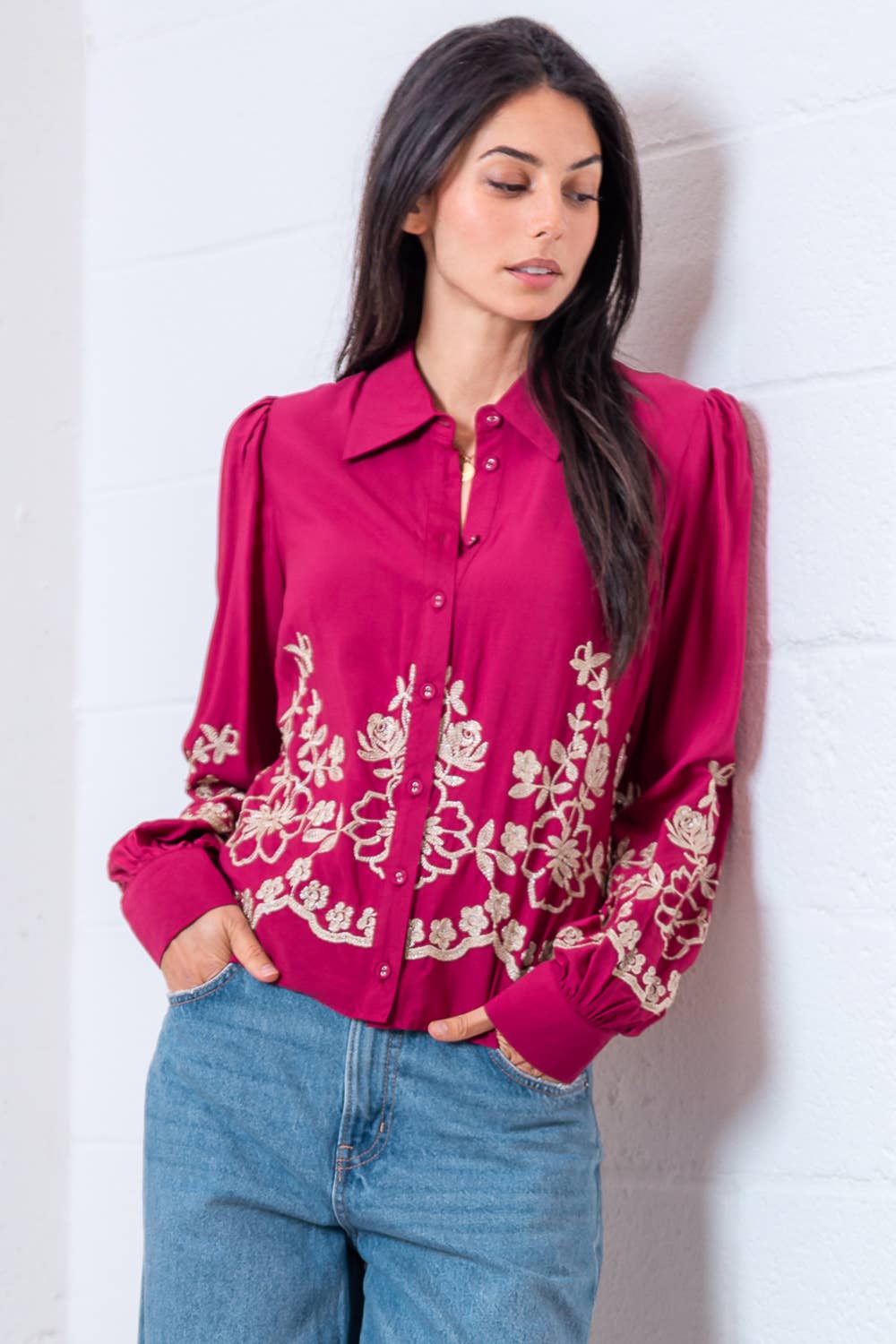 Long Sleeve Flower Embroided Button Shirt