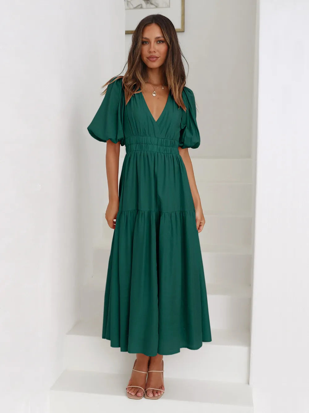 Tiered Surplice Half Sleeve Midi Dress
