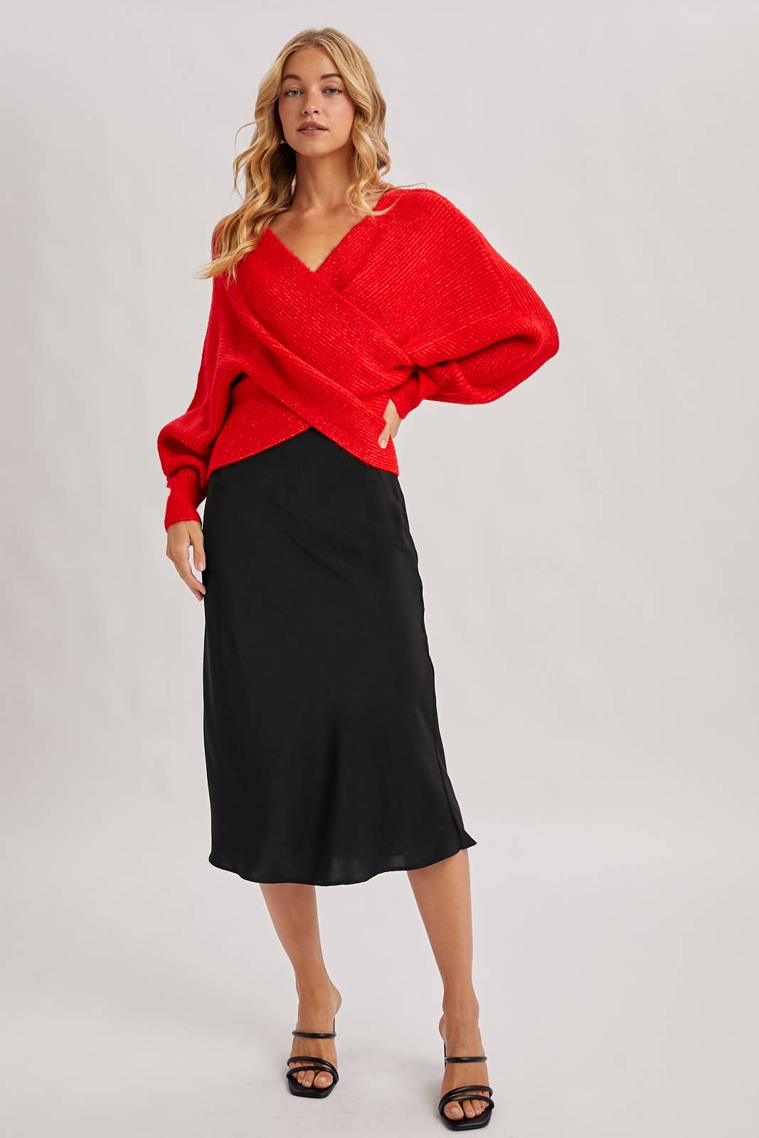 WRAP CROSSOVER RIBBED FUZZY KNIT SWEATER PULLOVER- OS