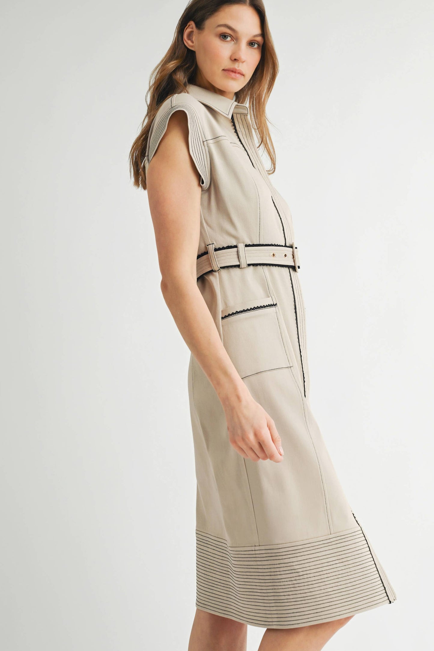 Collared Black Accent Midi Dress with Belt