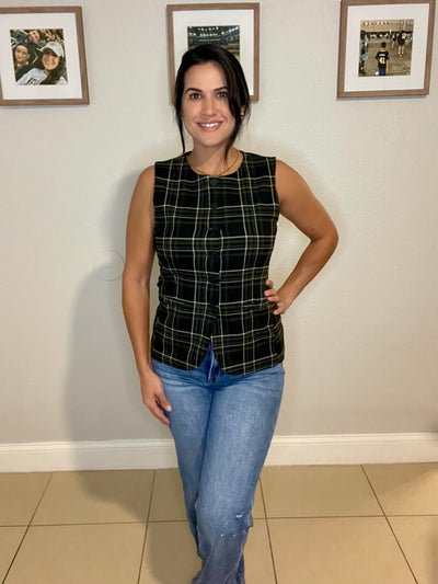 Round Neck Button Down Check Woven Vest-OS