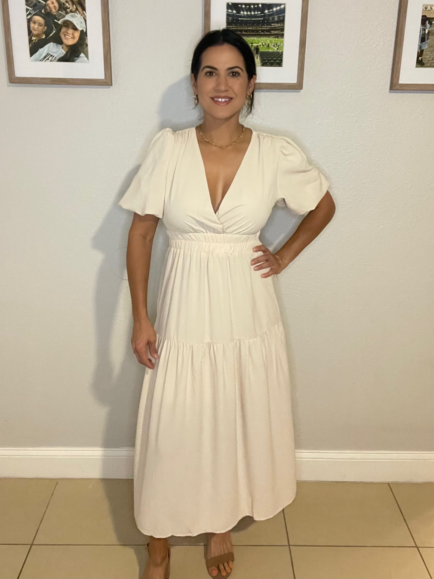 Tiered Surplice Half Sleeve Midi Dress - WH