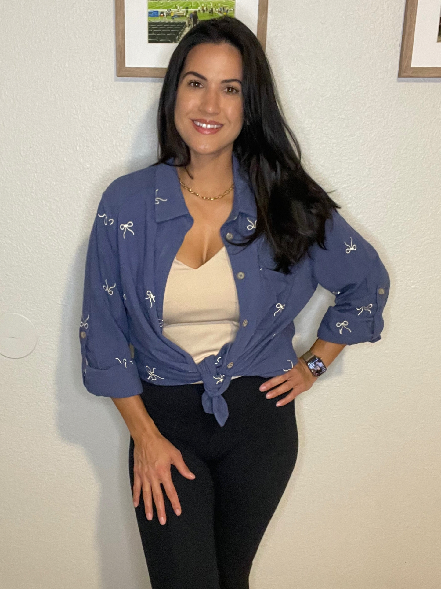 Umgee Linen Blend Fitted Shirt with Ribbons Embroidery- WH