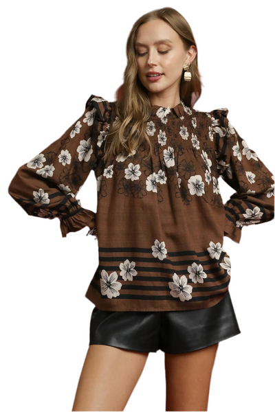 Umgee Mix Floral Smocked Ruffle Blouse