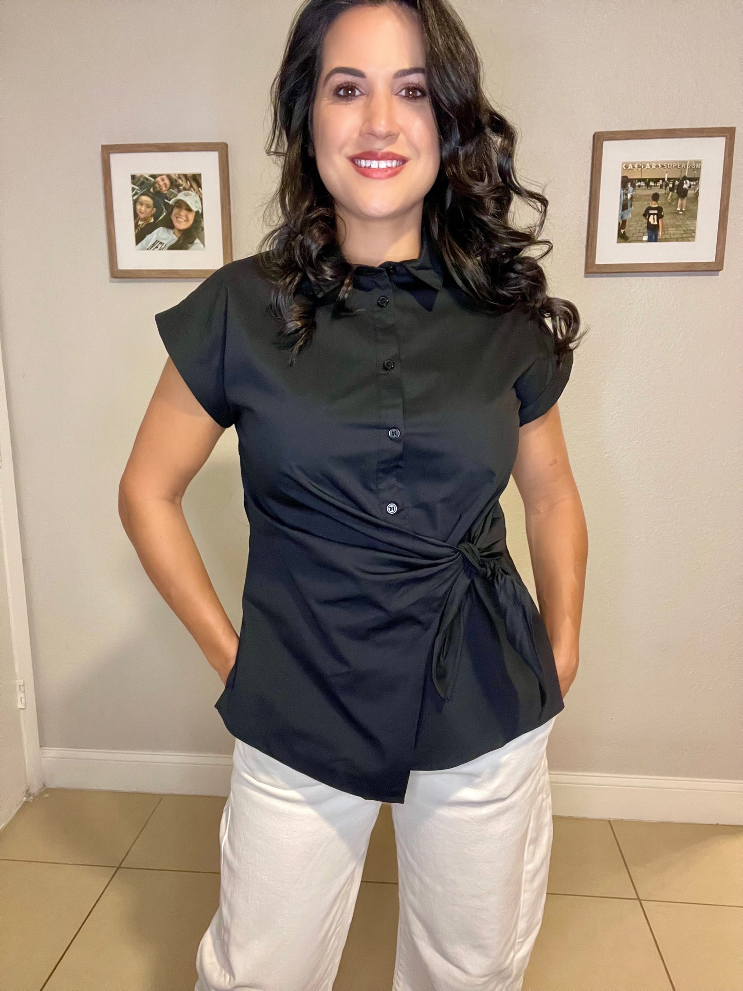 Short Dolman Sleeve Button Down Shirt-OS