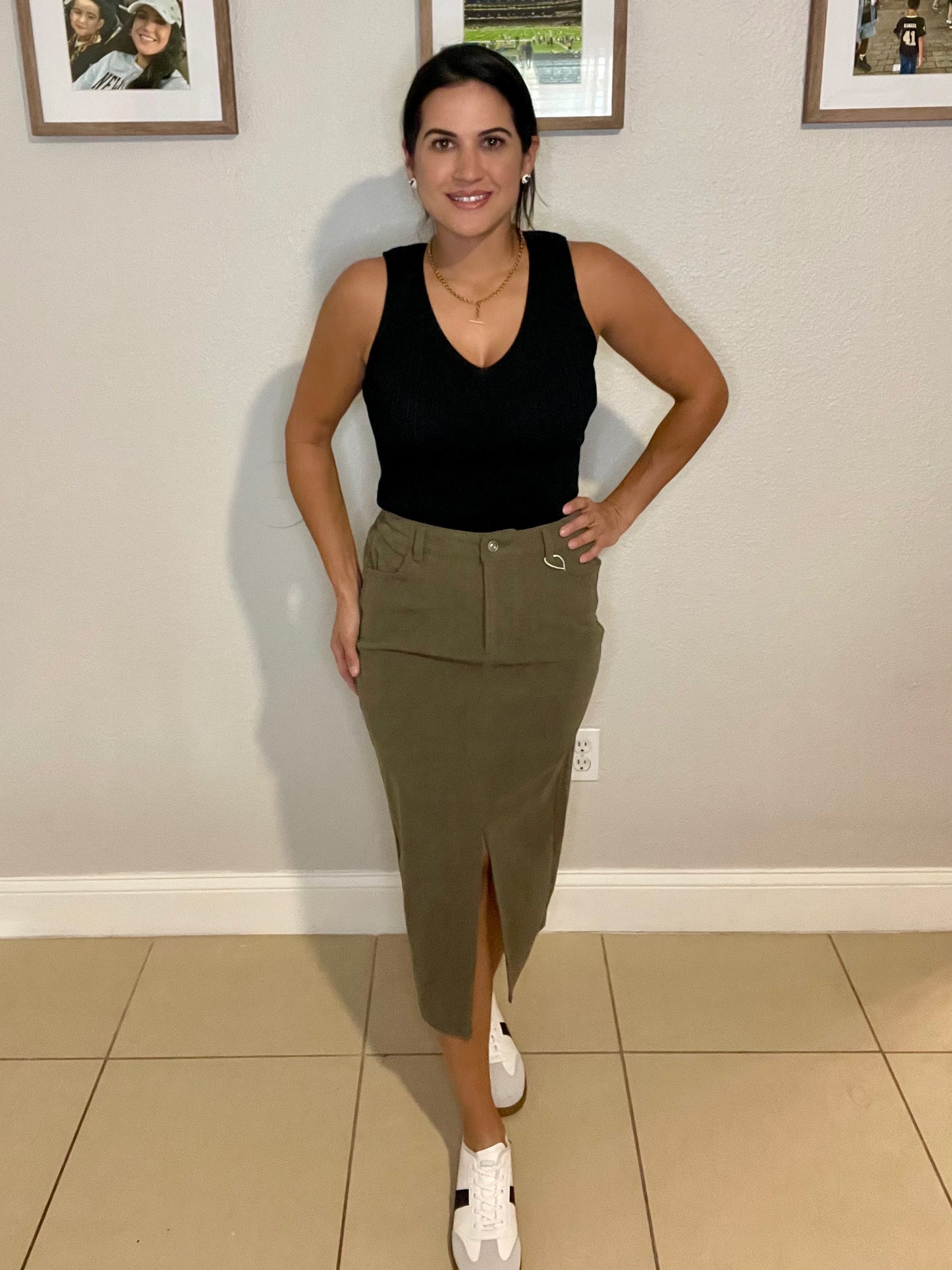 Waist Band Front Open Slit Corduroy Midi Skirt -OS