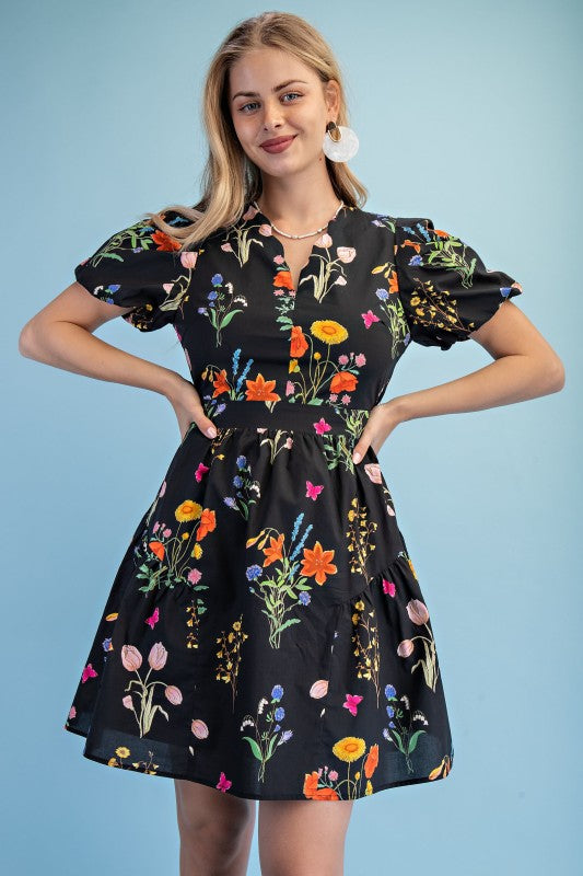 Black Floral Print Mini Dress