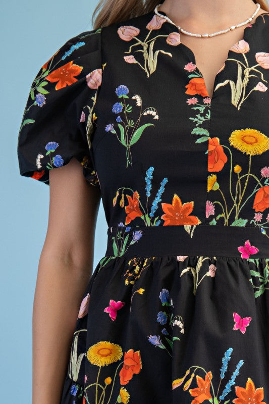 Black Floral Print Mini Dress