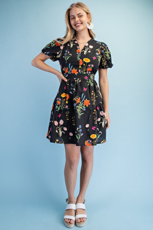 Black Floral Print Mini Dress