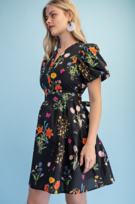 Black Floral Print Mini Dress