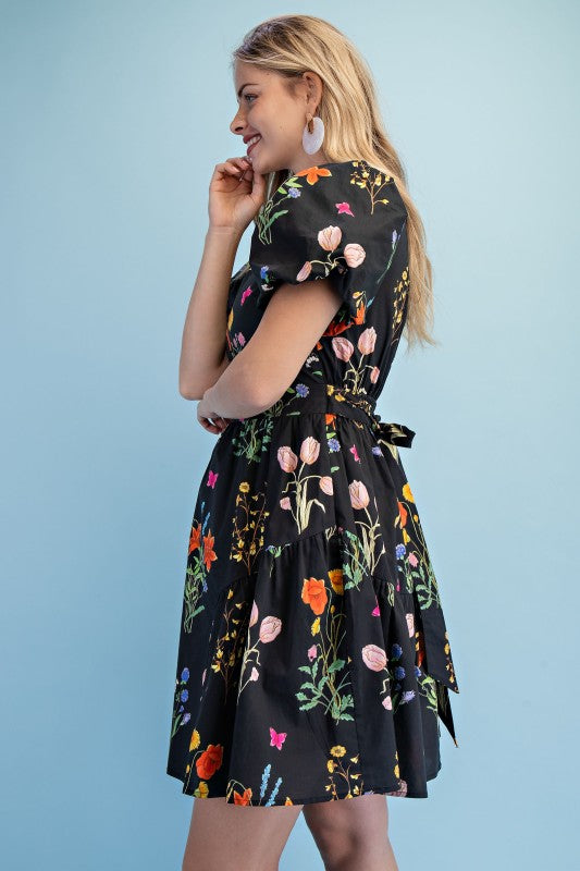 Black Floral Print Mini Dress