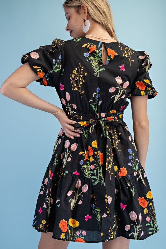 Black Floral Print Mini Dress