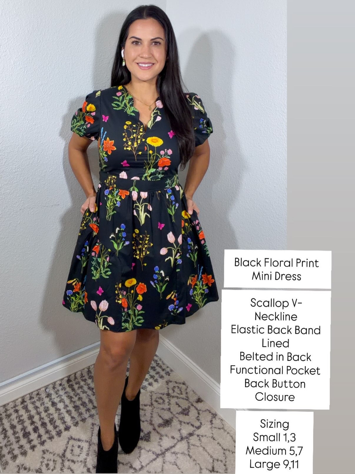 Black Floral Print Mini Dress
