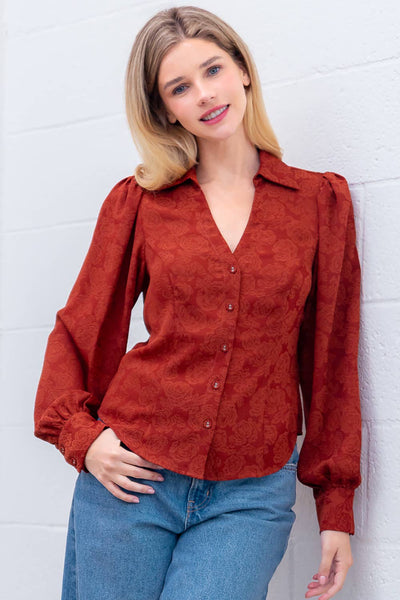 Rust Long Sleeve Button Down Collared Blouse