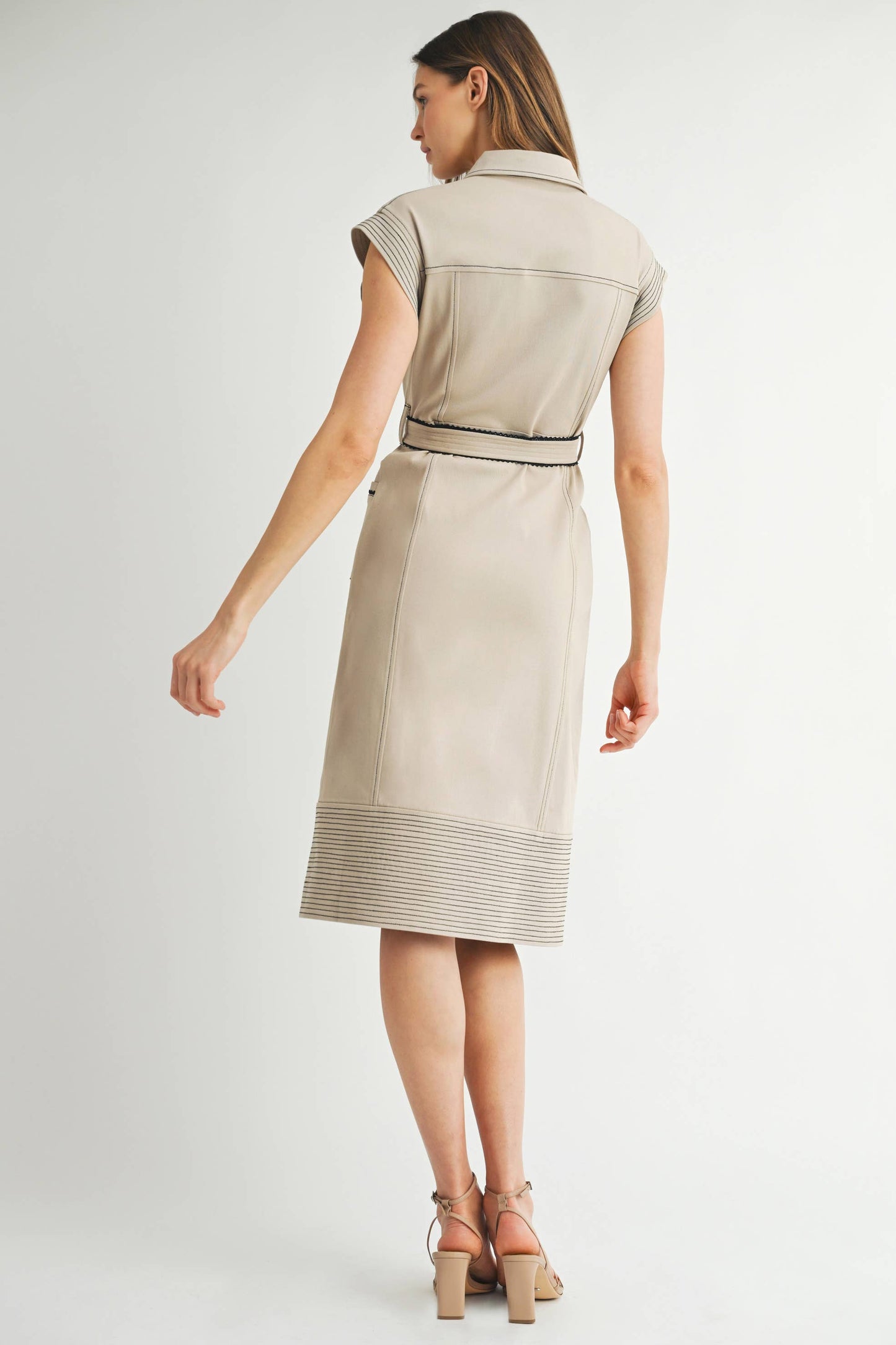 Collared Black Accent Midi Dress with Belt
