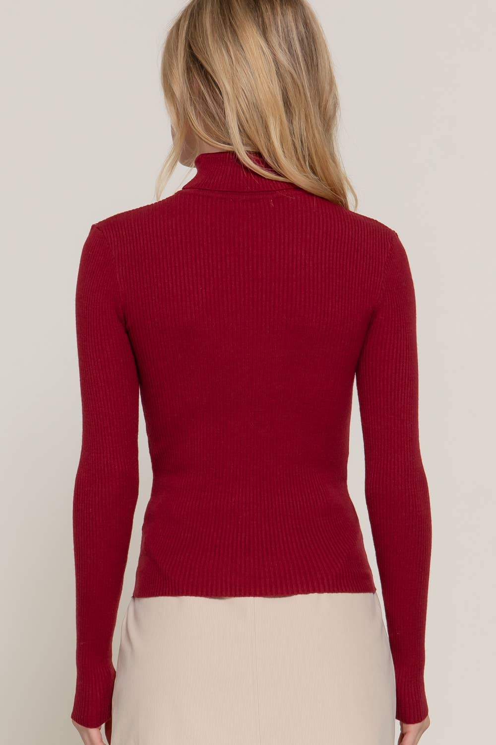 Long Sleeve Turtle Neck Fitted Viscose Rib Sweater Top- OS