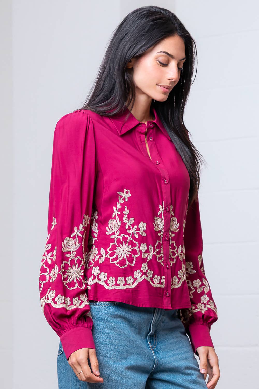 Long Sleeve Flower Embroided Button Shirt